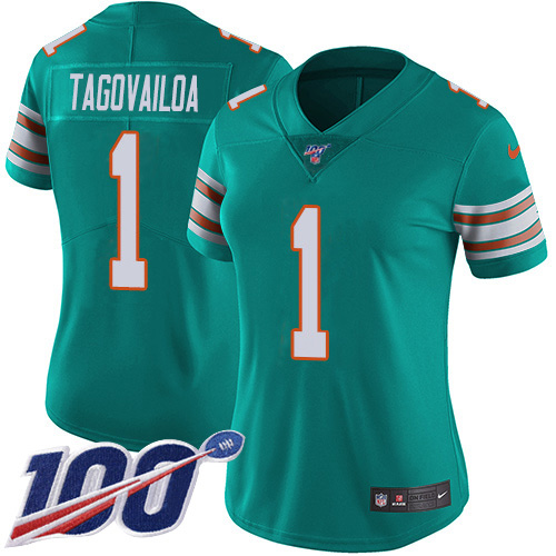 Nike Miami Dolphins #1 Tua Tagovailoa Aqua Green Alternate Women Stitched NFL 100th Season Vapor Untouchable Limited Jersey->women nfl jersey->Women Jersey